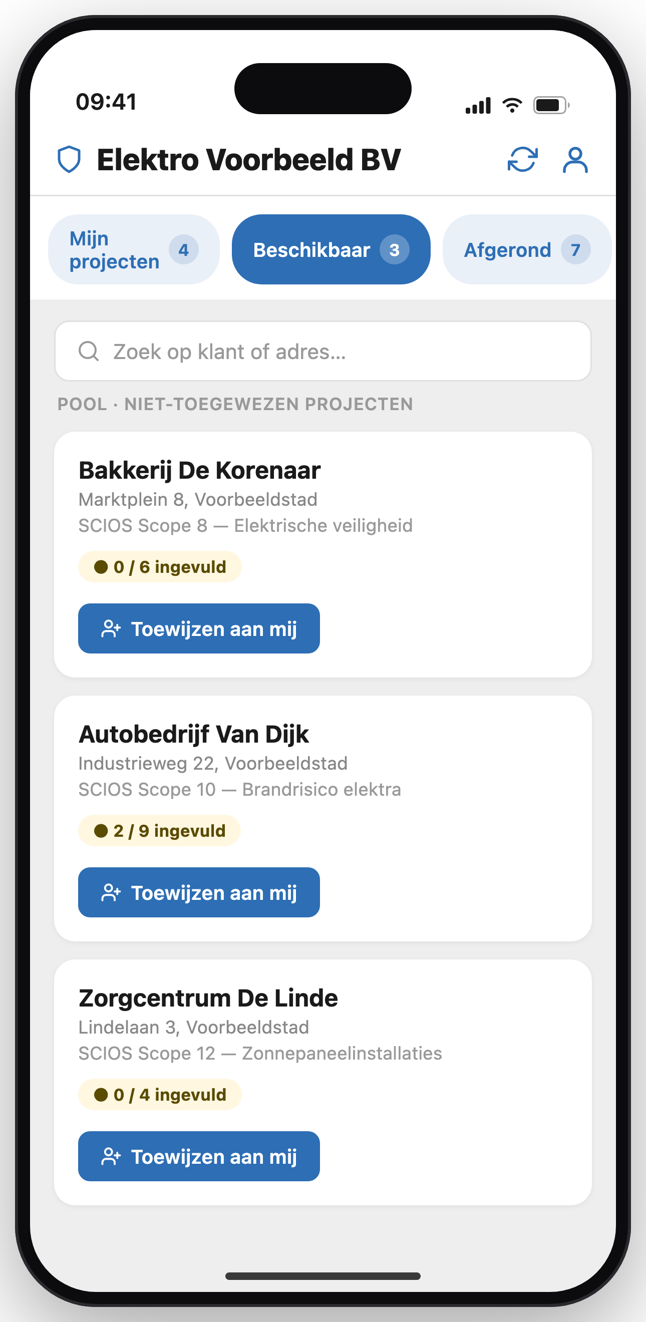 De pool met niet-toegewezen projecten die een monteur zelf kan oppakken