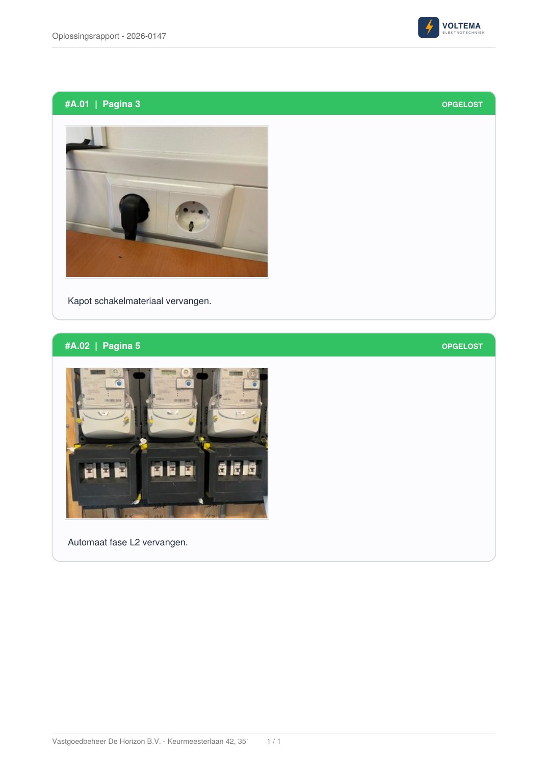 Oplossingenpagina van het herstelrapport met foto's en paginaverwijzing per constatering